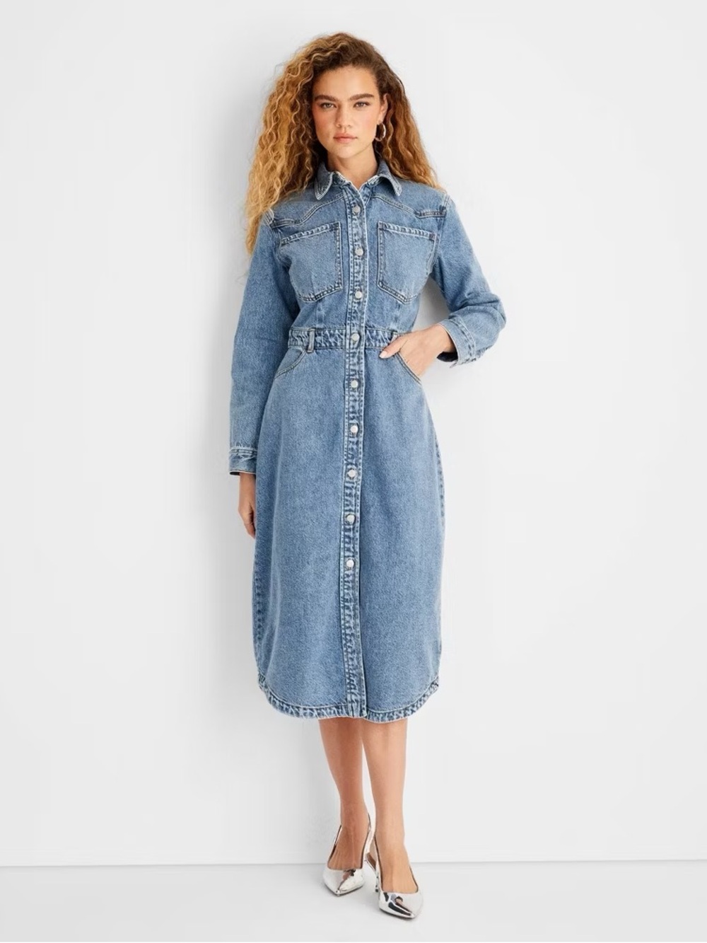 Light Wash Denim Button-Front Midi Shirt Dress - Long Sleeve